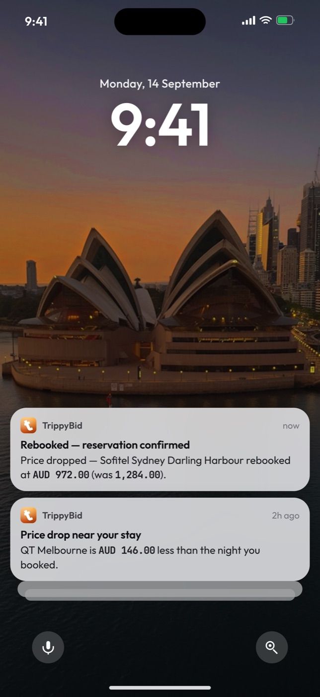 TrippyBid notification: Rebooked, reservation confirmed. Sofitel Sydney Darling Harbour rebooked at AUD 972.00, was 1,284.00.