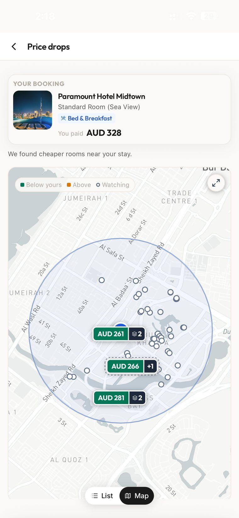 Nearby drops map in the TrippyBid app showing similar rooms nearby priced below the booked room