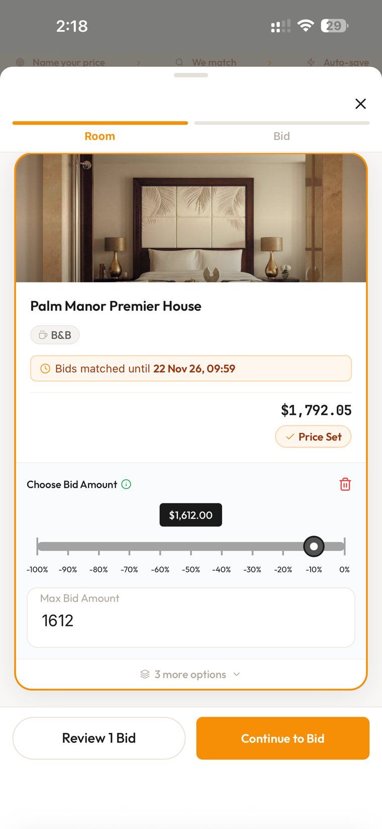 Placing a bid in the TrippyBid app: a hotel room, a slider to choose the bid amount, and a max bid of 1,612 dollars