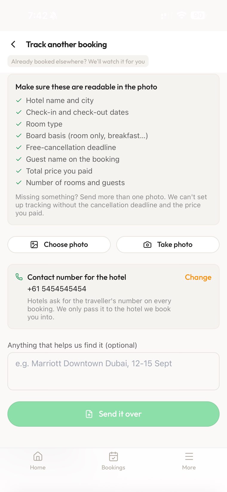 The Track another booking screen in the TrippyBid app: a checklist of what must be readable in the photo, buttons to choose or take a photo, and a Send it over button